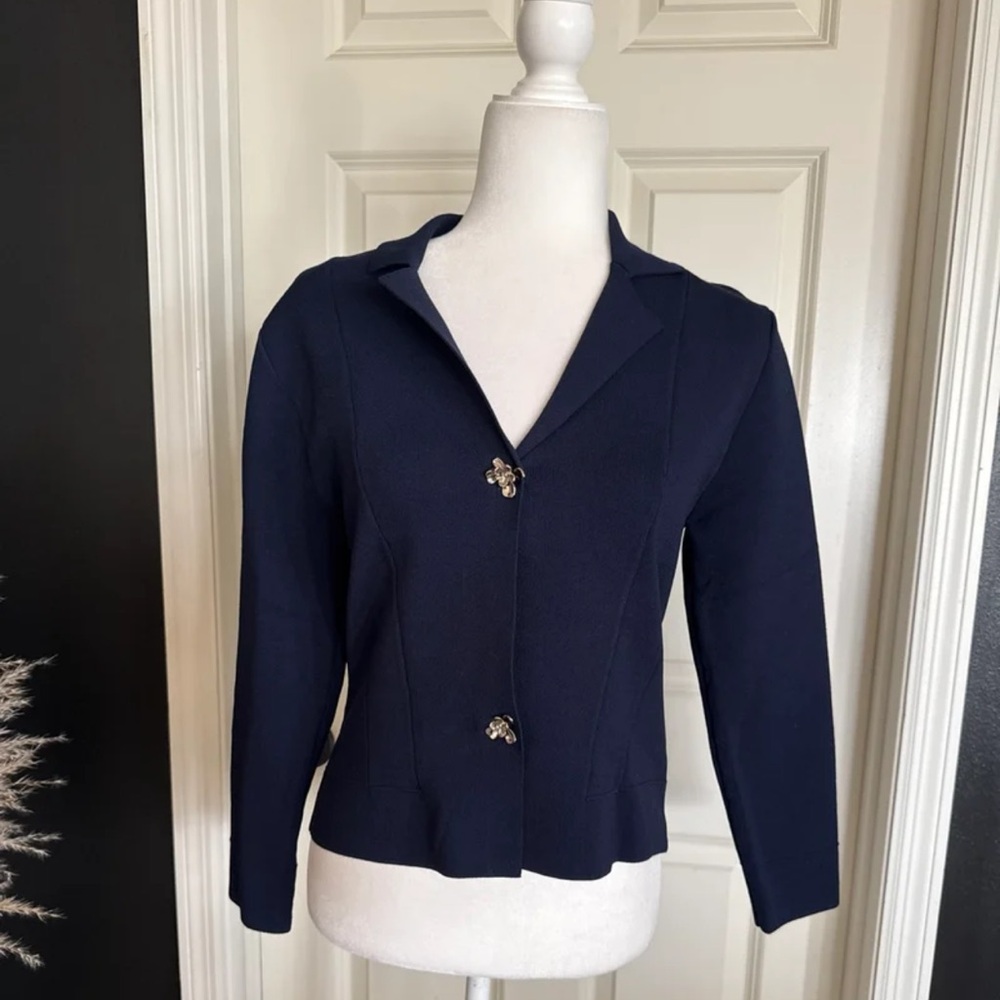 NWT Zara Flower Button Knit Cardigan Blazer Sweater in Navy Blue size Medium - Picture 9 of 12